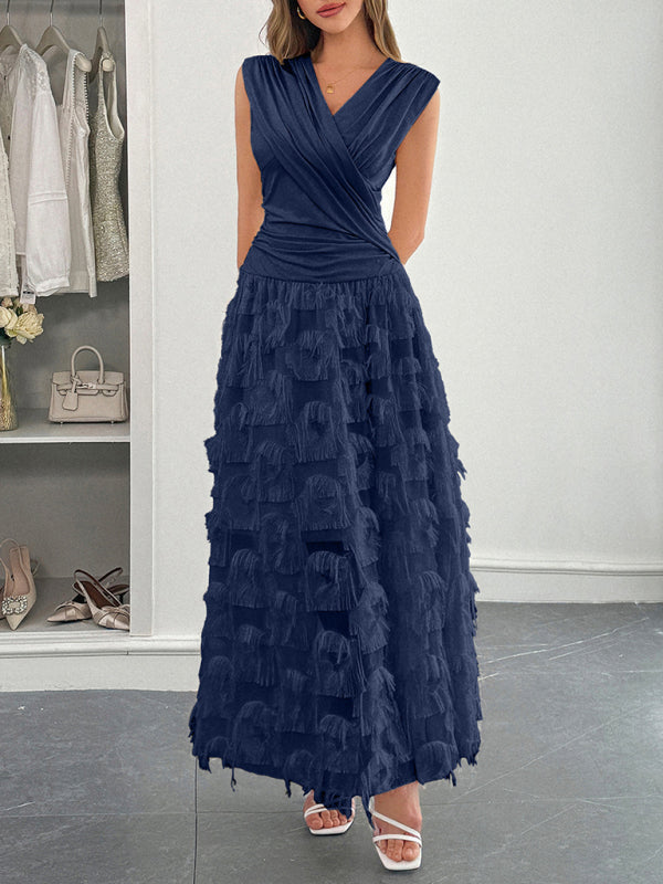 Elegant deep V paneled long dress-TOPS / DRESSES-[Adult]-[Female]-2022 Online Blue Zone Planet