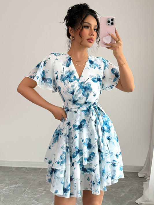 Printed deep V mini dress-TOPS / DRESSES-[Adult]-[Female]-Blue-S-2022 Online Blue Zone Planet