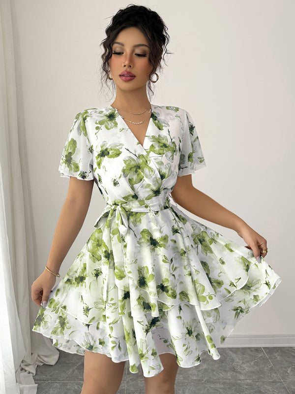Printed deep V mini dress-TOPS / DRESSES-[Adult]-[Female]-Green-S-2022 Online Blue Zone Planet