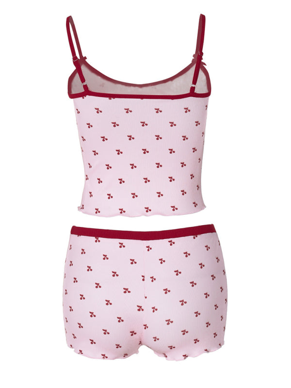 Cherry Print Camisole Shorts Pajama Set-[Adult]-[Female]-2022 Online Blue Zone Planet