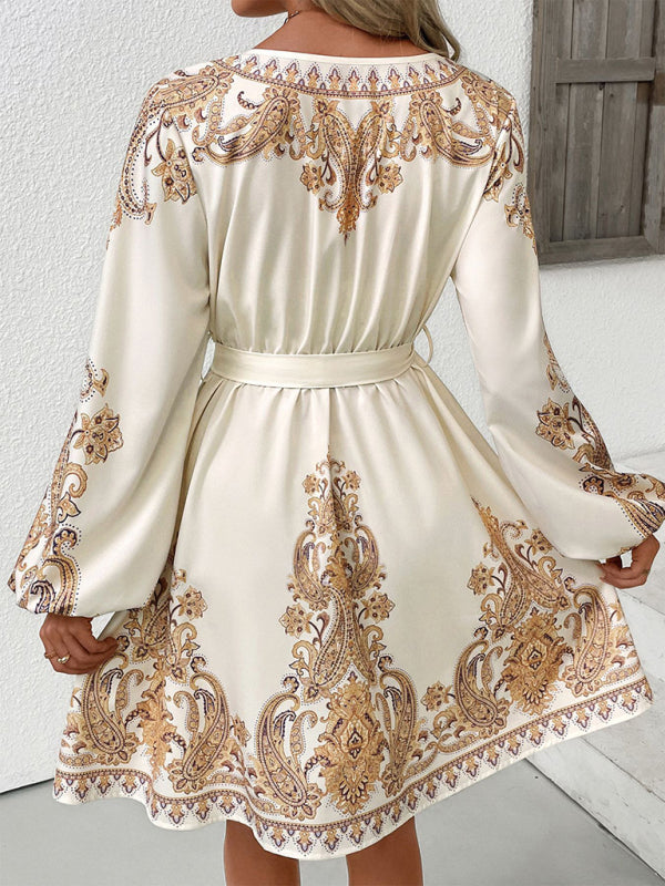 Elegant ethnic retro style V-neck paisley print dress-[Adult]-[Female]-2022 Online Blue Zone Planet
