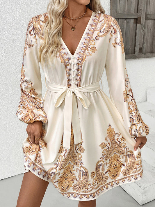 Elegant ethnic retro style V-neck paisley print dress-[Adult]-[Female]-Cracker khaki-S-2022 Online Blue Zone Planet