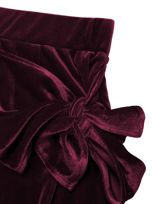 New Solid Color Twisted Skirt Slit Velvet Skirt-[Adult]-[Female]-2022 Online Blue Zone Planet