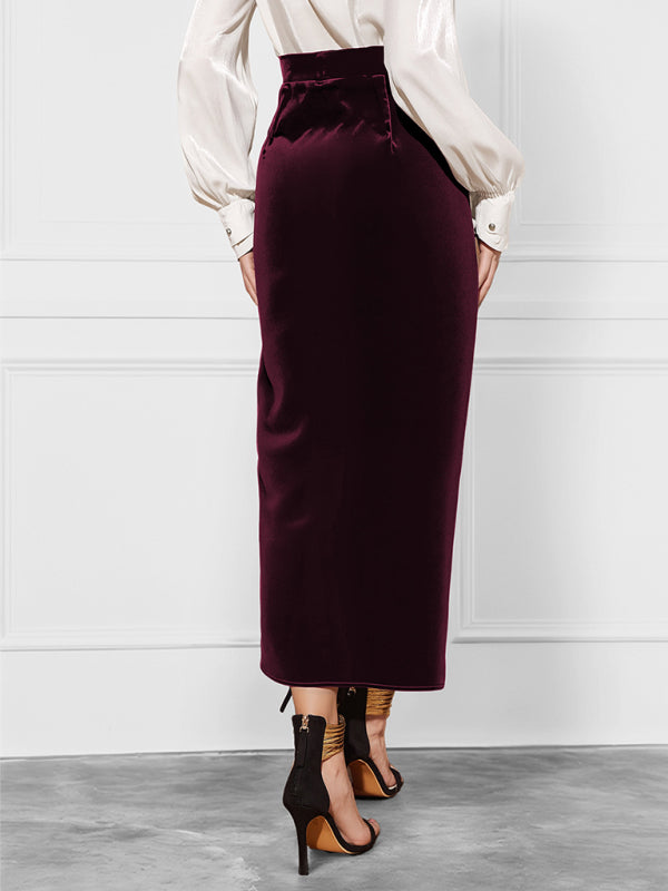 New Solid Color Twisted Skirt Slit Velvet Skirt-[Adult]-[Female]-2022 Online Blue Zone Planet