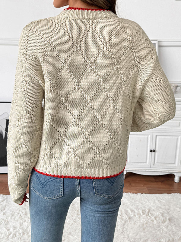 New contrasting color trim fish pattern round neck pullover knitted sweater-[Adult]-[Female]-2022 Online Blue Zone Planet