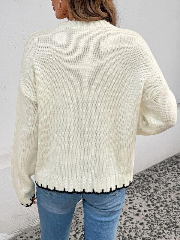 Fashionable retro round neck long sleeve striped contrast sweater-[Adult]-[Female]-2022 Online Blue Zone Planet