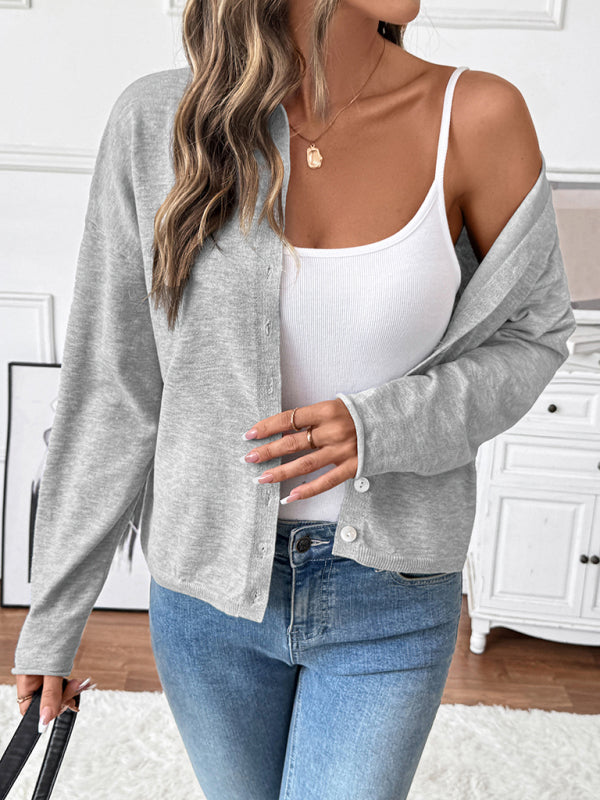 Casual Single-Breasted Solid Color Knitted Cardigan Round Neck Sweater Jacket Top-[Adult]-[Female]-2022 Online Blue Zone Planet