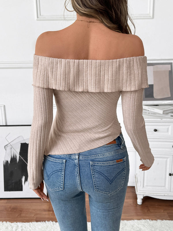 Solid Color Long-Sleeved One-Shoulder Neckline Irregular Hem Knitted T-Shirt-[Adult]-[Female]-2022 Online Blue Zone Planet