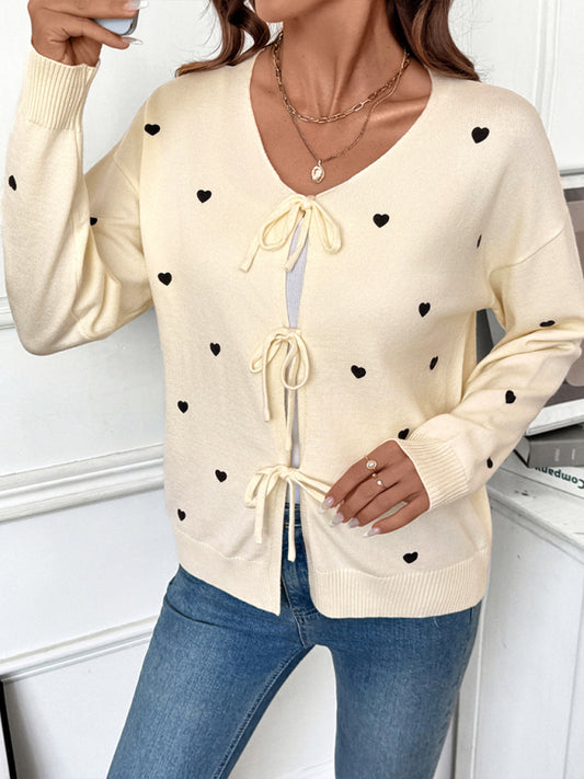 Sweet and cute heart pattern v-neck lace-up cardigan sweater jacket-[Adult]-[Female]-Cracker khaki-S-2022 Online Blue Zone Planet
