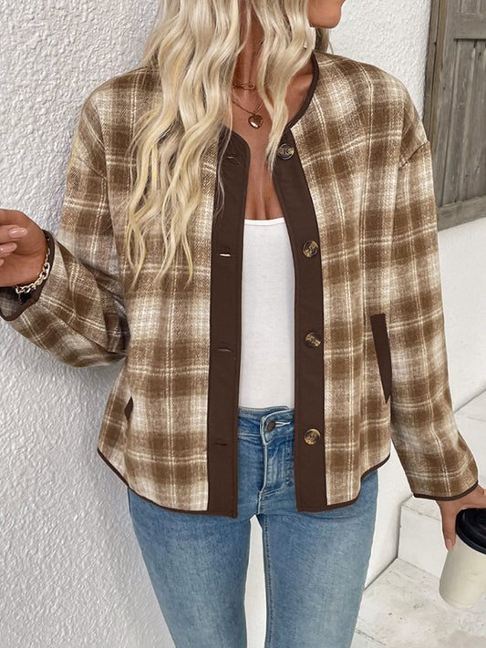 Casual plaid cardigan jacket-[Adult]-[Female]-Khaki-S-2022 Online Blue Zone Planet