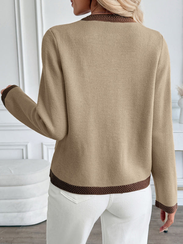 New Retro Contrast Color Knitted Cardigan Sweater Jacket-[Adult]-[Female]-2022 Online Blue Zone Planet