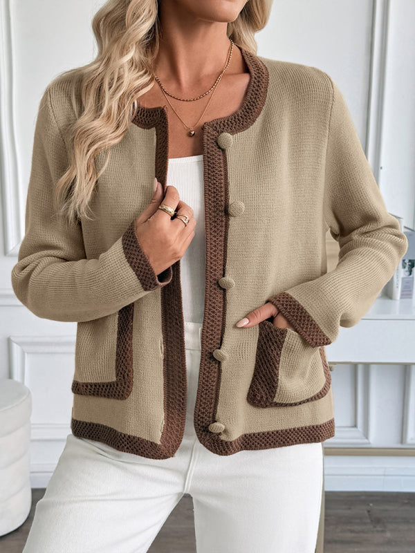 New Retro Contrast Color Knitted Cardigan Sweater Jacket-[Adult]-[Female]-2022 Online Blue Zone Planet