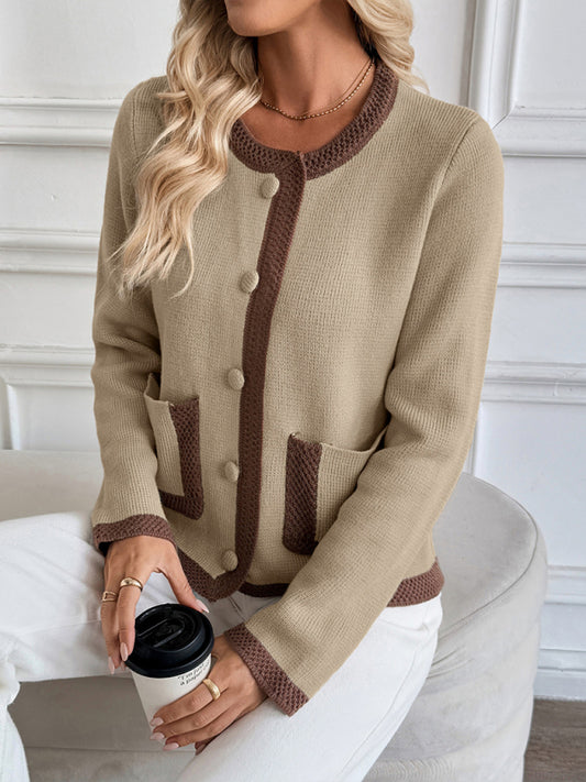 New Retro Contrast Color Knitted Cardigan Sweater Jacket-[Adult]-[Female]-Khaki-S-2022 Online Blue Zone Planet