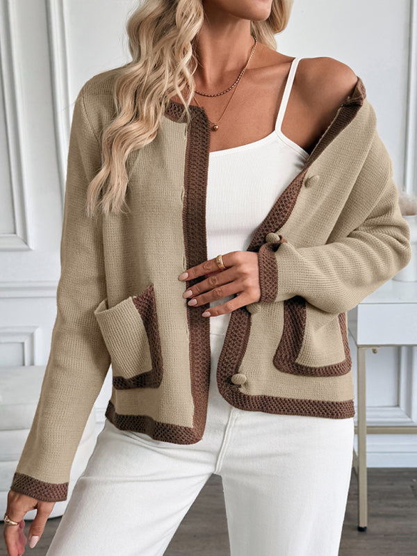New Retro Contrast Color Knitted Cardigan Sweater Jacket-[Adult]-[Female]-2022 Online Blue Zone Planet