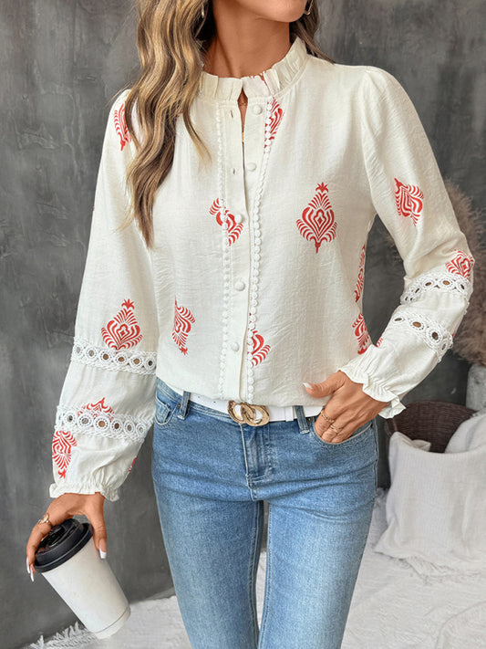 Single-breasted cardigan stand-up collar ethnic print shirt-[Adult]-[Female]-Cracker khaki-S-2022 Online Blue Zone Planet