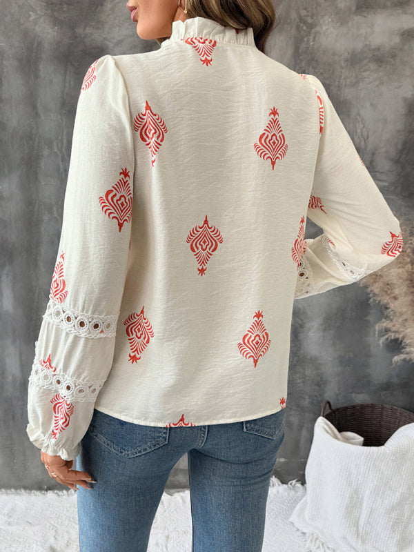 Single-breasted cardigan stand-up collar ethnic print shirt-[Adult]-[Female]-2022 Online Blue Zone Planet