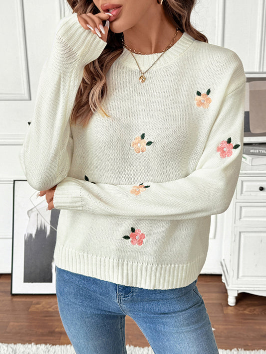 Sweet crew neck pullover sweater-[Adult]-[Female]-Cream-S-2022 Online Blue Zone Planet