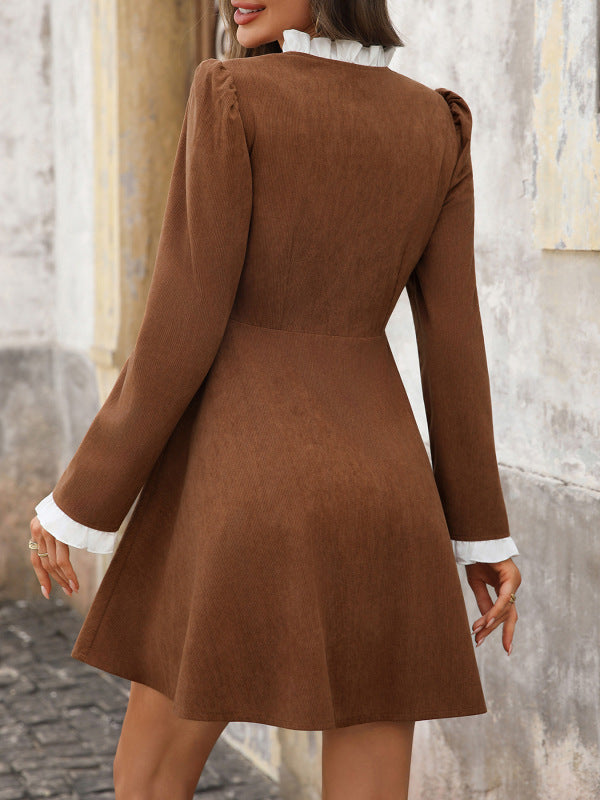 Retro elegant ruffled corduroy long-sleeved dress Brown / XL by Blue Zone Planet Retro elegant ruffled corduroy long-sleeved dress Brown / XL by Blue Zone Planet