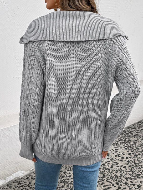 Lapel Cable Zip Sweater-[Adult]-[Female]-2022 Online Blue Zone Planet