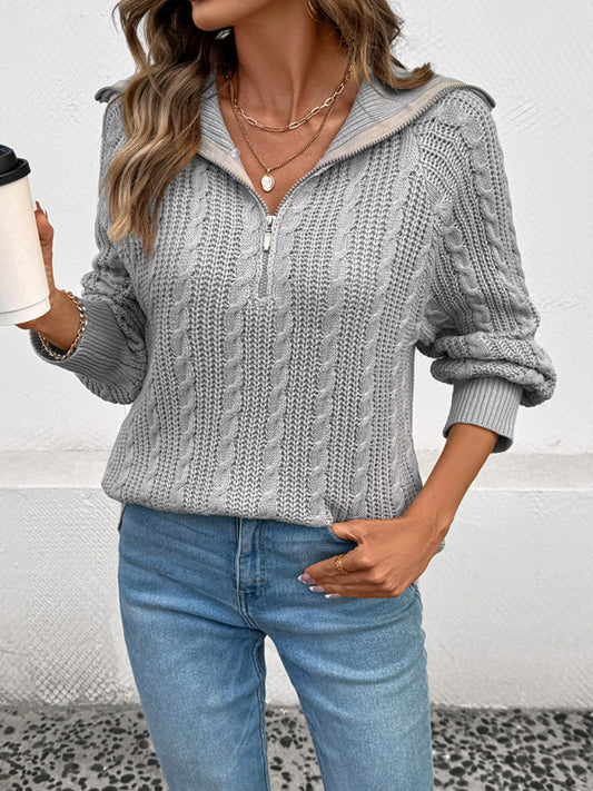 Lapel Cable Zip Sweater-[Adult]-[Female]-Grey-S-2022 Online Blue Zone Planet