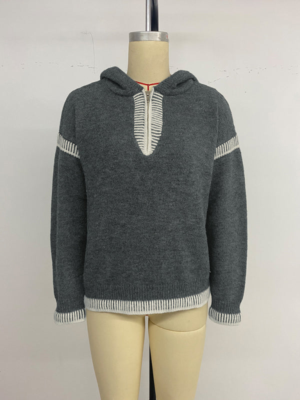 Casual loose V-neck hooded sweater dark gray contrasting trim sweater-[Adult]-[Female]-2022 Online Blue Zone Planet