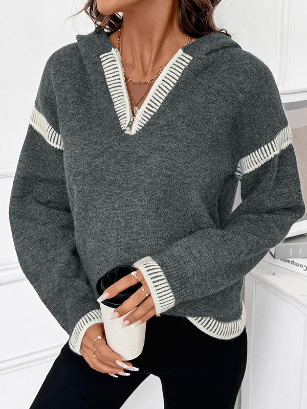 Casual loose V-neck hooded sweater dark gray contrasting trim sweater-[Adult]-[Female]-Charcoal grey-S-2022 Online Blue Zone Planet