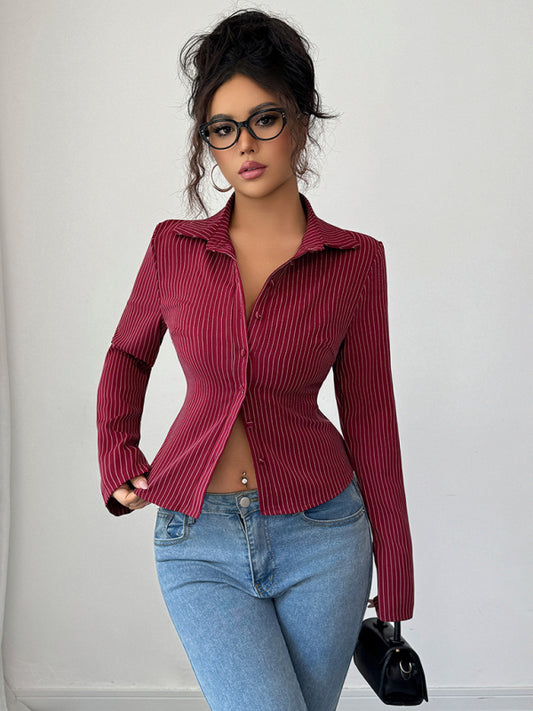 Casual simple high-end striped long-sleeved cardigan shirt-[Adult]-[Female]-Wine Red-S-2022 Online Blue Zone Planet