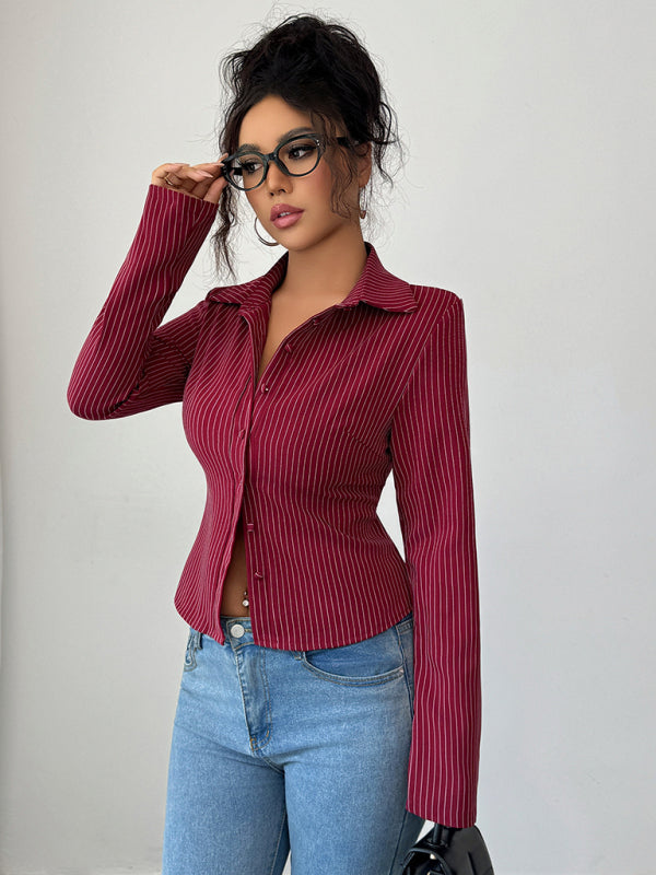 Casual simple high-end striped long-sleeved cardigan shirt-[Adult]-[Female]-2022 Online Blue Zone Planet