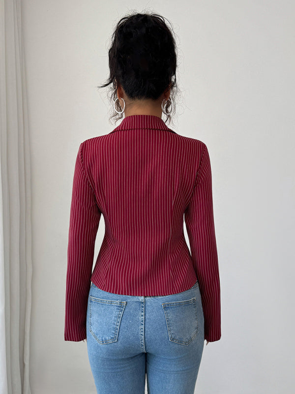 Casual simple high-end striped long-sleeved cardigan shirt-[Adult]-[Female]-2022 Online Blue Zone Planet