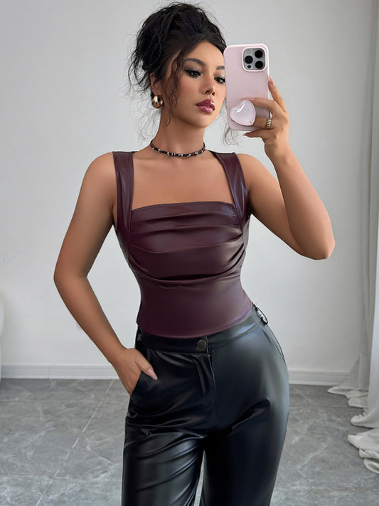 Elegant Tube-Top Leather Vest With Camisole-[Adult]-[Female]-Wine Red-S-2022 Online Blue Zone Planet