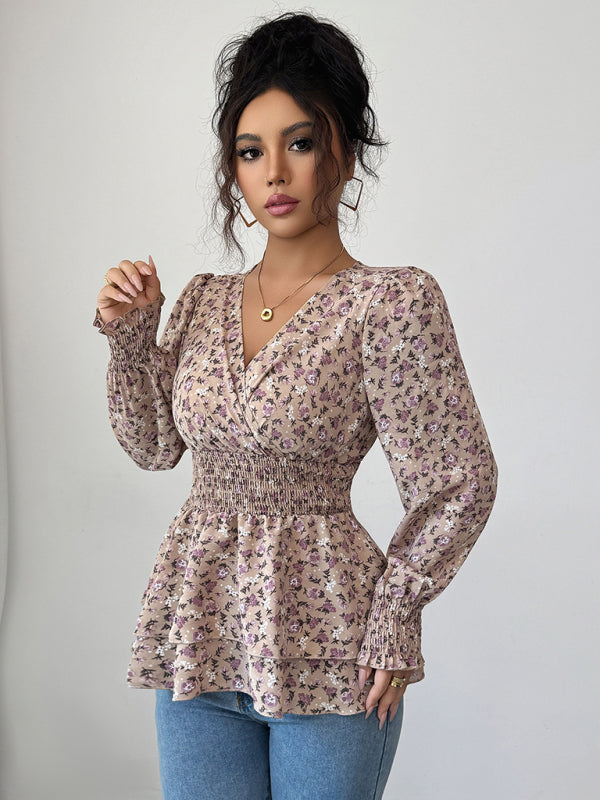 Floral Long-Sleeved T-Shirt With Floral Waist-[Adult]-[Female]-2022 Online Blue Zone Planet