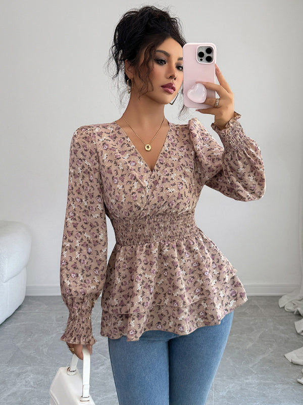 Floral Long-Sleeved T-Shirt With Floral Waist-[Adult]-[Female]-Khaki-S-2022 Online Blue Zone Planet