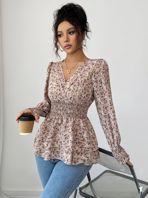Floral Long-Sleeved T-Shirt With Floral Waist-[Adult]-[Female]-2022 Online Blue Zone Planet