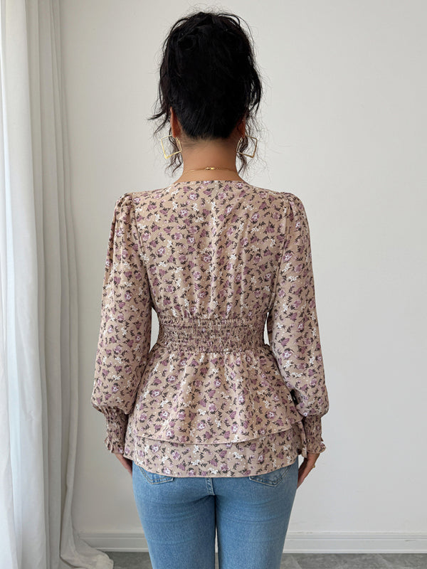 Floral Long-Sleeved T-Shirt With Floral Waist-[Adult]-[Female]-2022 Online Blue Zone Planet