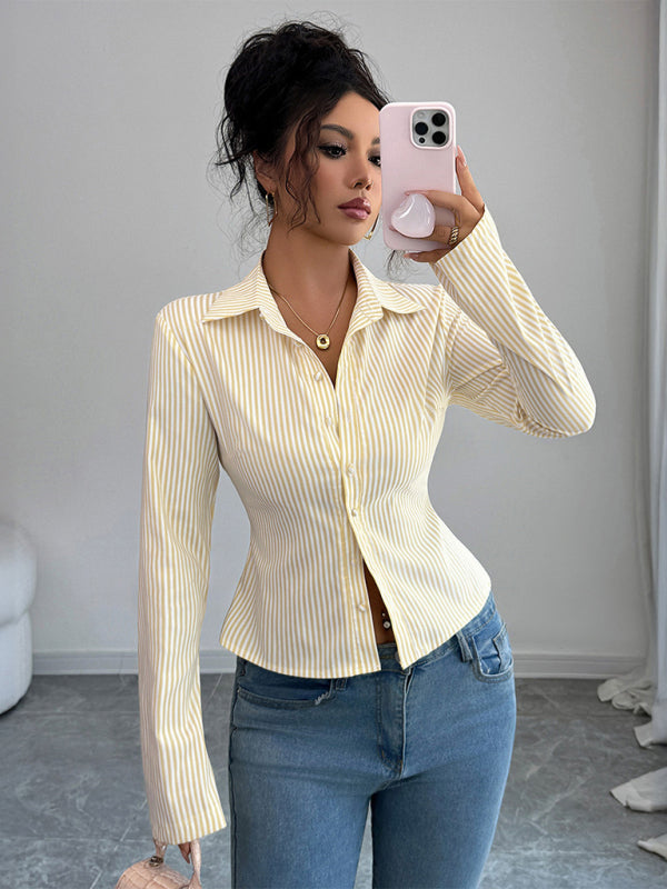 Simple Striped Long Sleeve Button-Down Shirt-[Adult]-[Female]-2022 Online Blue Zone Planet
