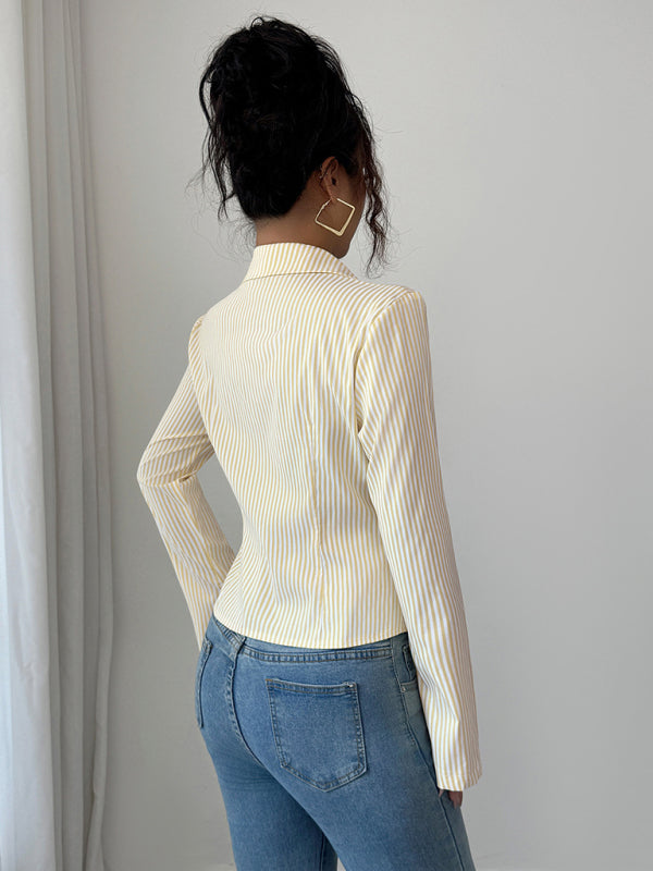 Simple Striped Long Sleeve Button-Down Shirt-[Adult]-[Female]-2022 Online Blue Zone Planet