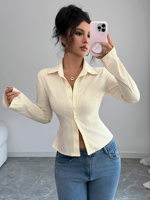 Simple Striped Long Sleeve Button-Down Shirt-[Adult]-[Female]-2022 Online Blue Zone Planet