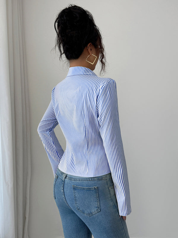 Simple Striped Long Sleeve Button-Down Shirt-[Adult]-[Female]-2022 Online Blue Zone Planet