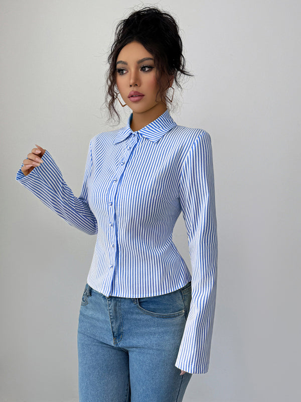 Simple Striped Long Sleeve Button-Down Shirt-[Adult]-[Female]-2022 Online Blue Zone Planet