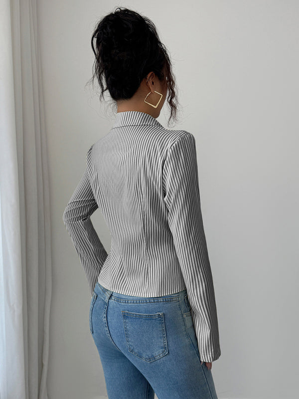 Simple Striped Long Sleeve Button-Down Shirt-[Adult]-[Female]-2022 Online Blue Zone Planet