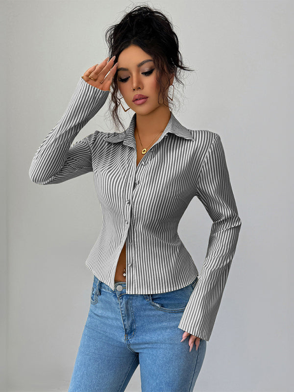 Simple Striped Long Sleeve Button-Down Shirt-[Adult]-[Female]-2022 Online Blue Zone Planet