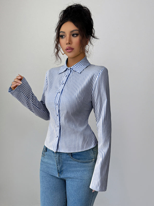 Simple Striped Long Sleeve Button-Down Shirt-[Adult]-[Female]-2022 Online Blue Zone Planet