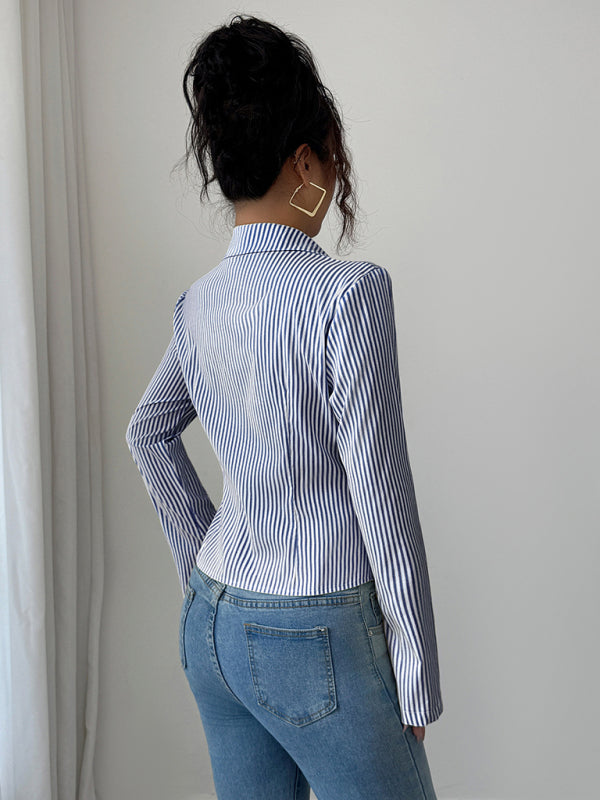 Simple Striped Long Sleeve Button-Down Shirt-[Adult]-[Female]-2022 Online Blue Zone Planet