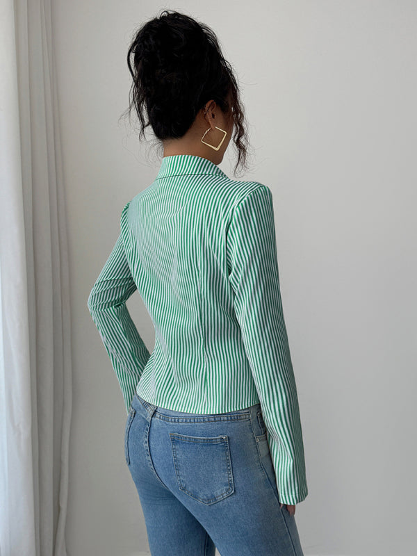 Simple Striped Long Sleeve Button-Down Shirt-[Adult]-[Female]-2022 Online Blue Zone Planet