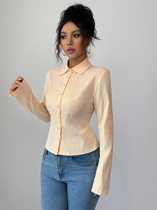 Simple Striped Long Sleeve Button-Down Shirt-[Adult]-[Female]-2022 Online Blue Zone Planet
