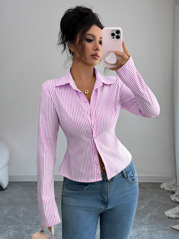 Simple Striped Long Sleeve Button-Down Shirt-[Adult]-[Female]-Pink-S-2022 Online Blue Zone Planet