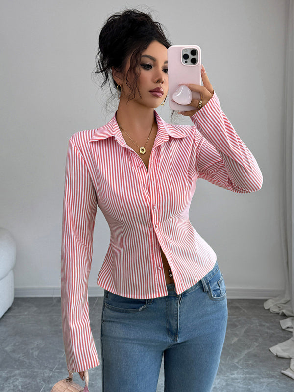 Simple Striped Long Sleeve Button-Down Shirt-[Adult]-[Female]-Red-S-2022 Online Blue Zone Planet