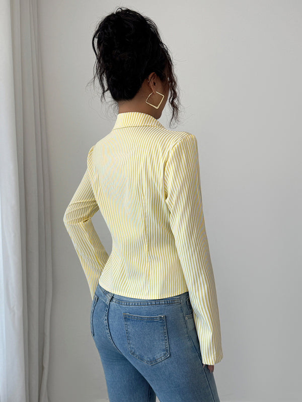 Simple Striped Long Sleeve Button-Down Shirt-[Adult]-[Female]-2022 Online Blue Zone Planet