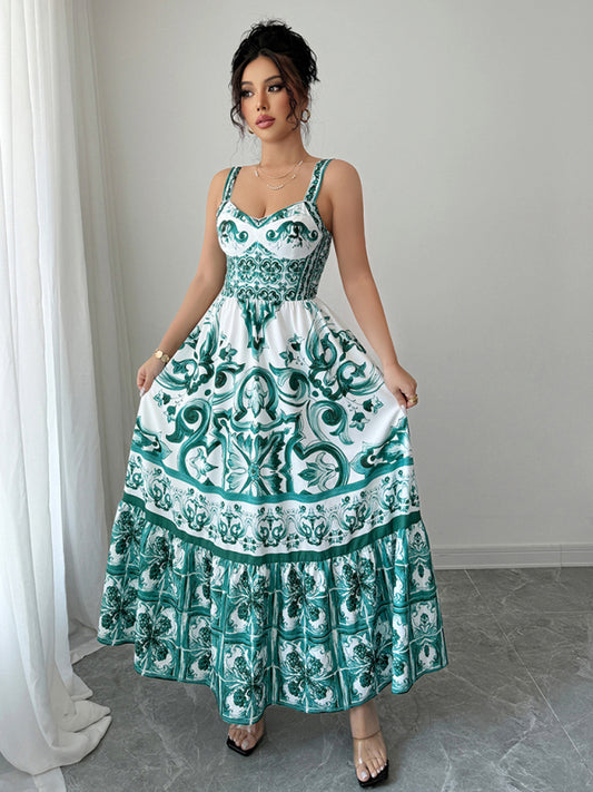 Casual simple suspender printed long dress