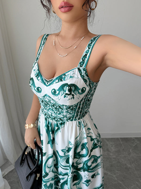 Casual simple suspender printed long dress